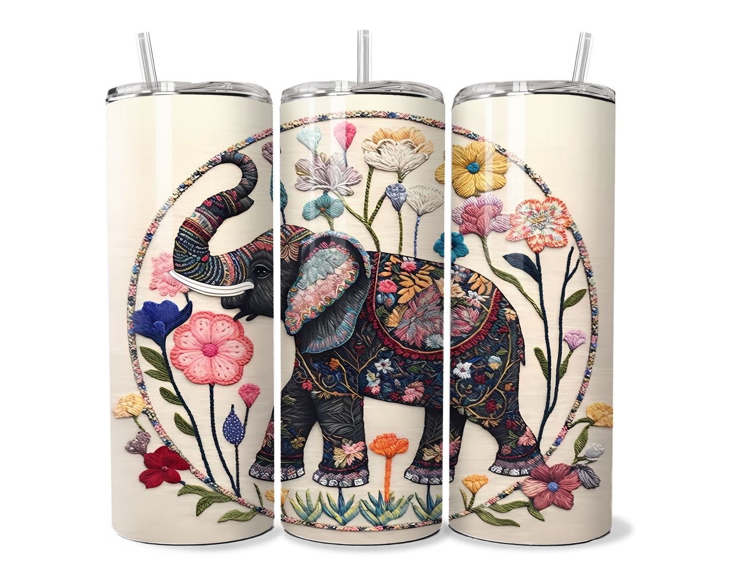 Embroidery Style Elephant Stainless Steel Tumbler